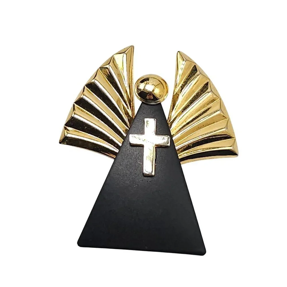 Gold Black Angel Brooch With Cross Crucifix Design By Jane Davis